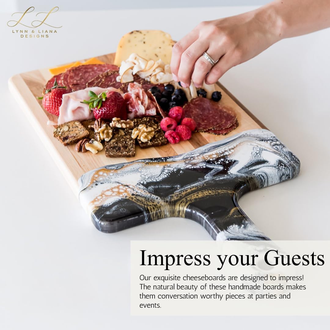 Lynn & Liana Medium Acacia Cheese Board | Wood Resin Cutting Board | Luxury Charcuterie Board for Serving | Handmade Cutting Board | 8 in x 16 in - Onyx