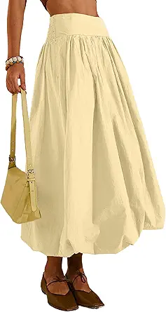 Women's Bubble Long Skirt Elastic Waist A-Line Pleated Ruffle Flowy Balloon Maxi Skirts with Pockets