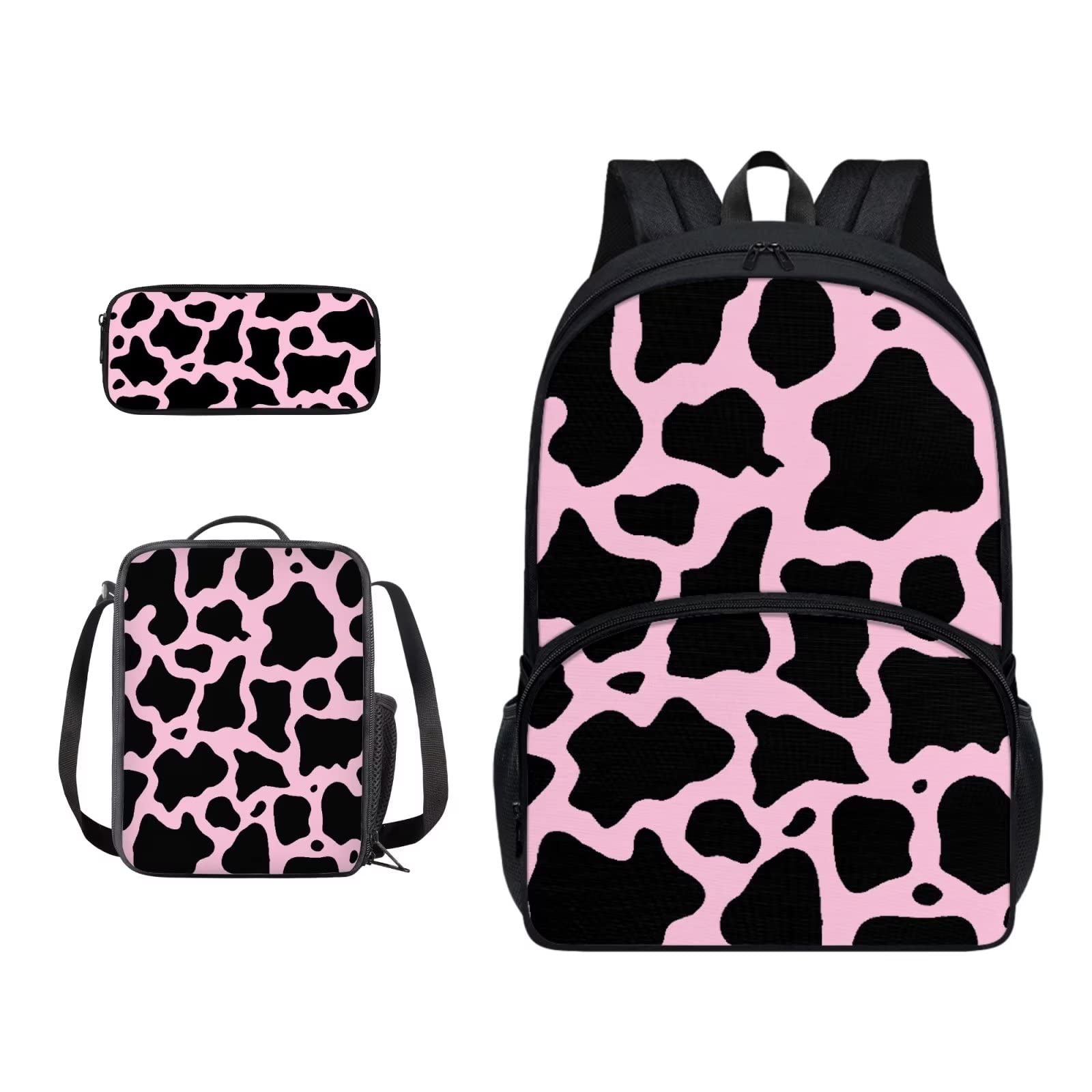 Poceacles Schultasche und Lunchbox-Set für Teenager, Jungen, Grundschule, Büchertasche, Federmäppchen für Grundschulkinder, Kuhflecken, Einheitsgröße