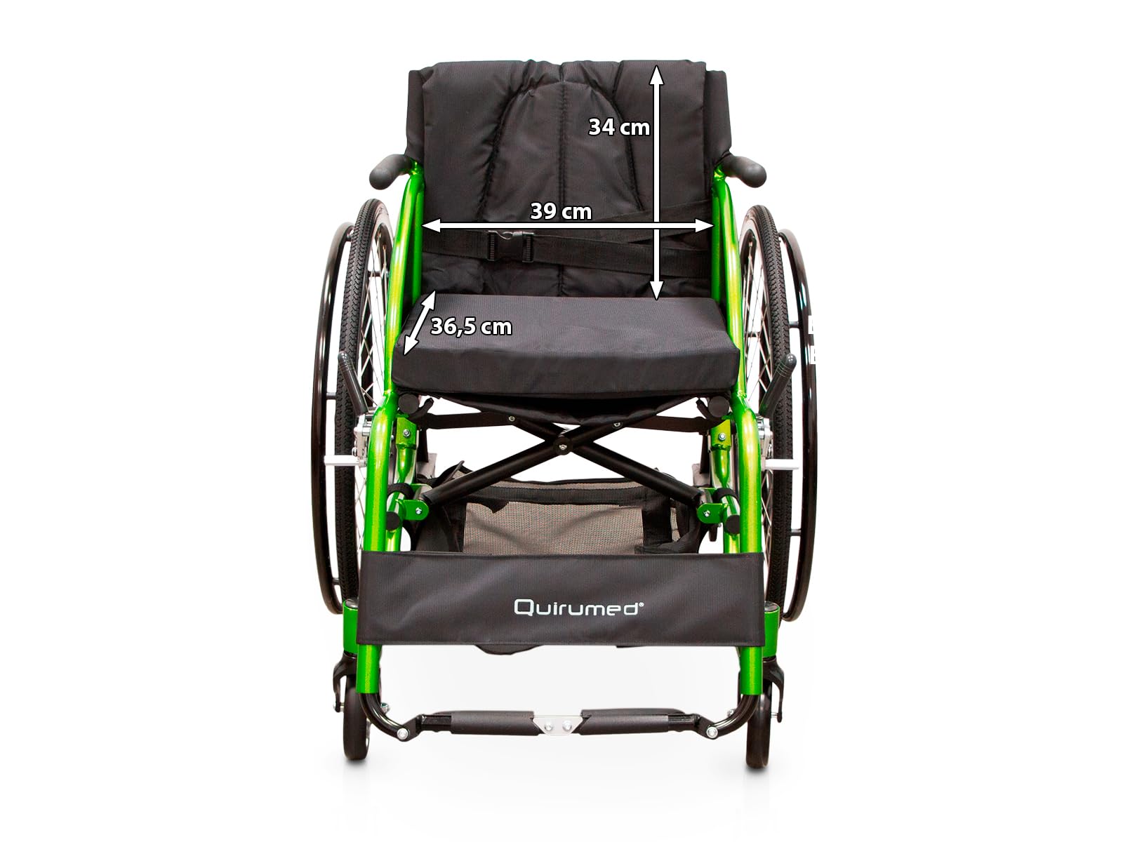 QUIRUMED Silla de ruedas deportiva, Plegable, Aluminio, Asiento acolchado, Cinturón de seguridad, Liberación rápida, Freno manual, Bolsillo portaobjetos, 74 x 57 x 84 cm