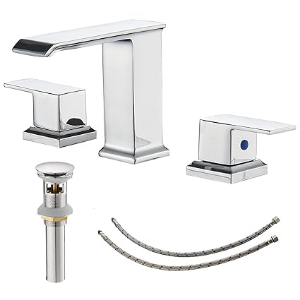 Greenspring Chrome 8-16 Inch Widespread Bathroom Faucet 2 Handle 3 Hole Modern Sink Facuet Waterfall Spout Vanity Bath Basin Tap with Drain Assembly