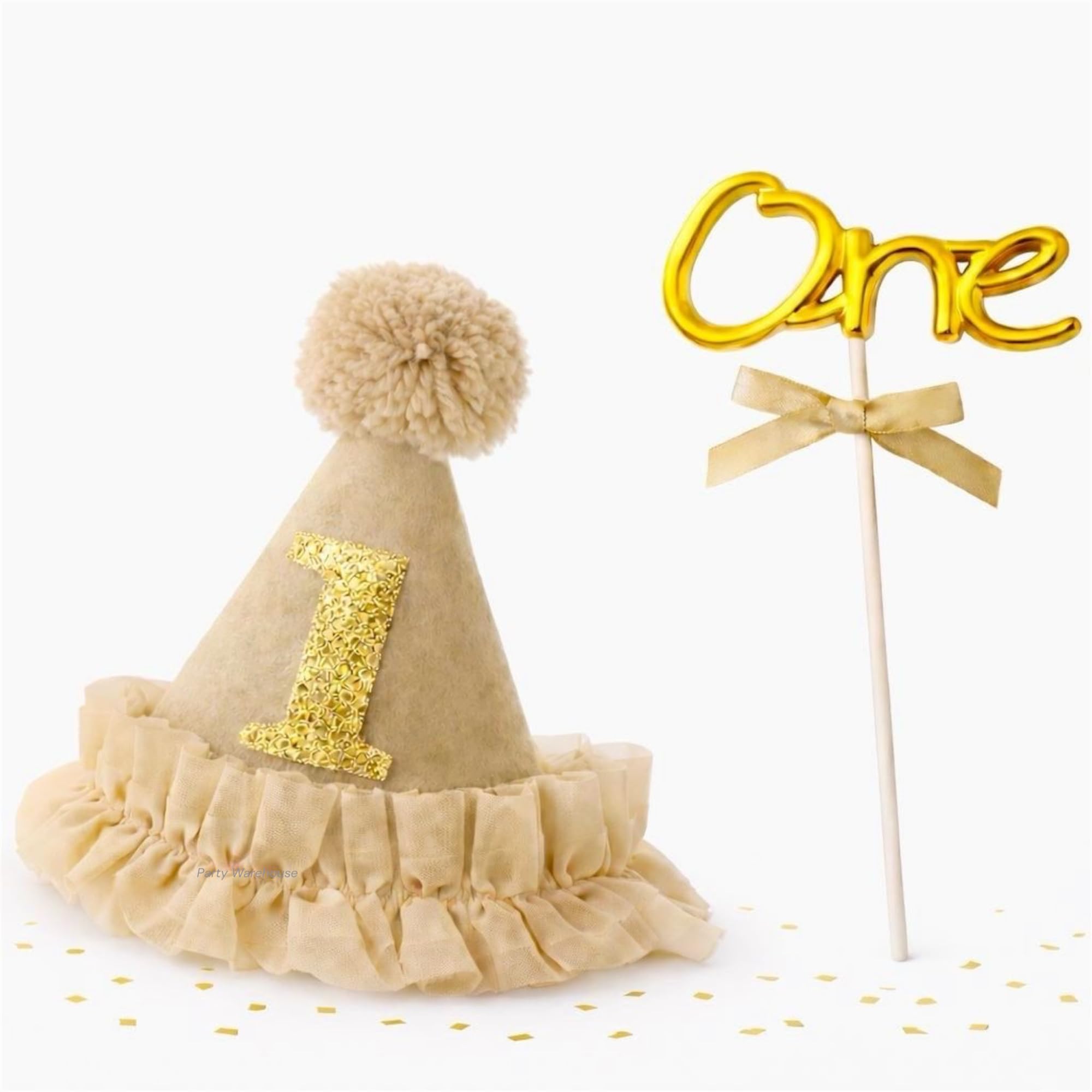 Party Warehouse First Birthday Beidge Party Hat & One Cake Topper Set,1st Birthday Celebration,Boho Theme, Cake Smash, Photoshoot & Kids Party Decoration-2 Pc Combo(1 Cake Topper + 1 Cap)-picture-12