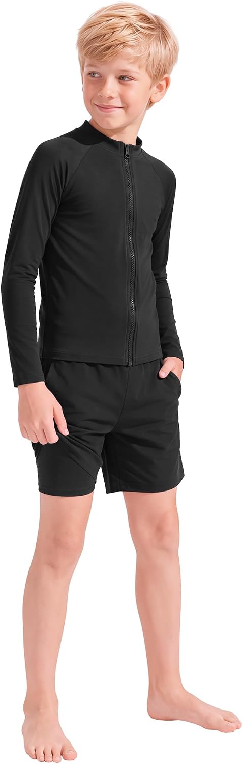 Yooo's Vivi Boys Rash Guard Swimsuits UPF 50+ Long Sleeve Swim Shirts with Trunks Quick Dry Two Pieces Bathing Suits