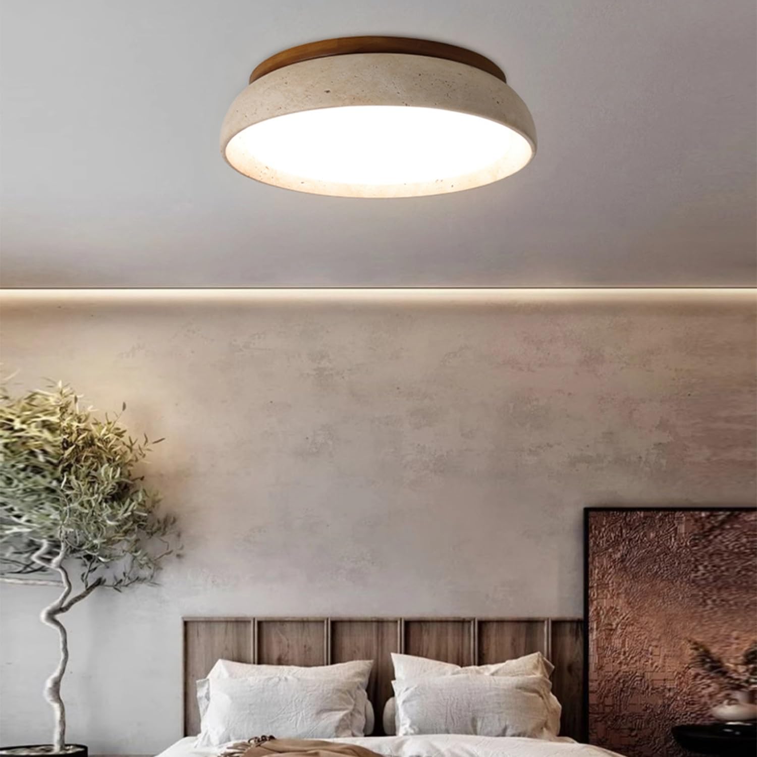 Nowoczesna Lampa Sufitowa LED Z Możliwością Ściemniania, Żółty Trawertyn, Lampa Sufitowa Z Naturalnego Drewna, Drewno, Oświetlenie Sufitowe W Stylu Vintage Wabi-sabi Do Sypialni(30CM)