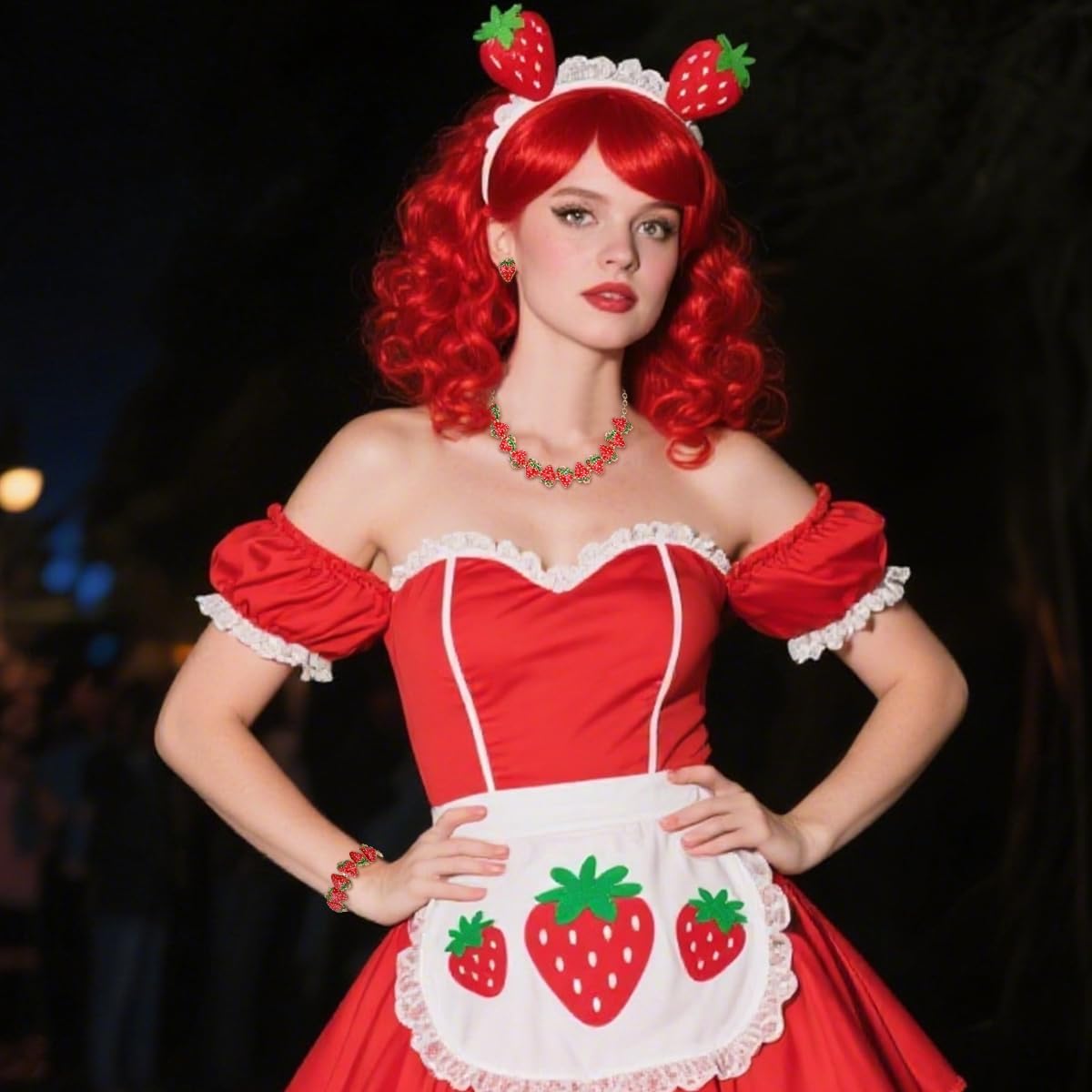 BriLove Cute Funny Strawberry Jewelry for Women,Enamel Necklace Earrings Bracelet Set Charm Fruit Jewellery for Summer Beach Holiday Accessories Ruby Color Gold-Tone - Image 2