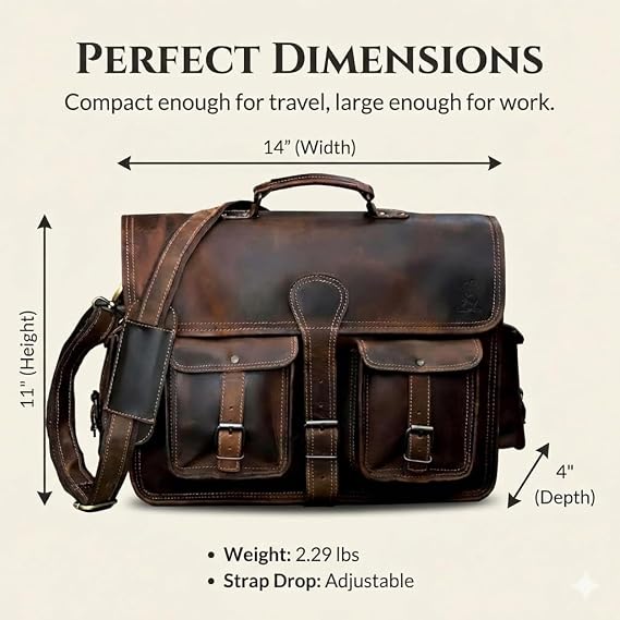 cuero Leather Messenger Bag for Men, 14 Inch Laptop Bag, Crossbody Bag Men, Vintage Handmade Leather Satchel Bag Full Grain Business Briefcase Shoulder Bag for Office/Work/Travel - Brown