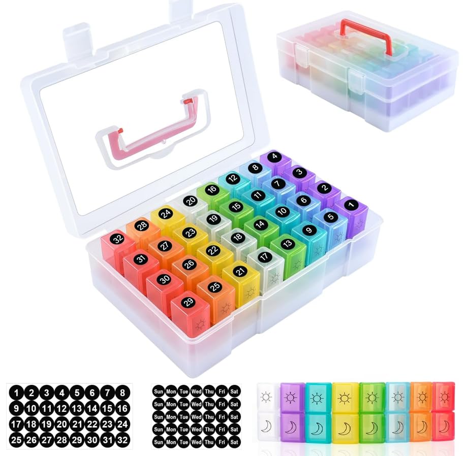 Monthly Pill Organizer 2 Times a Day, 30 Day Pill Organizer with 32 Daily Pill Box and Travel Case, for Medicine, Vitamin, Fish Oil, Supplements Comfortable Handle,BPA-Free.(Clear)