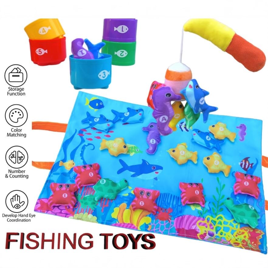 Image of Montessori Fishing Toy Set for Toddlers, with Fishing Rod, Sea Animals,Stackable Buckets Counting,Storage Mat, Educational Fun Baby Birthday Gifts for 1 Year Old Boy Girl