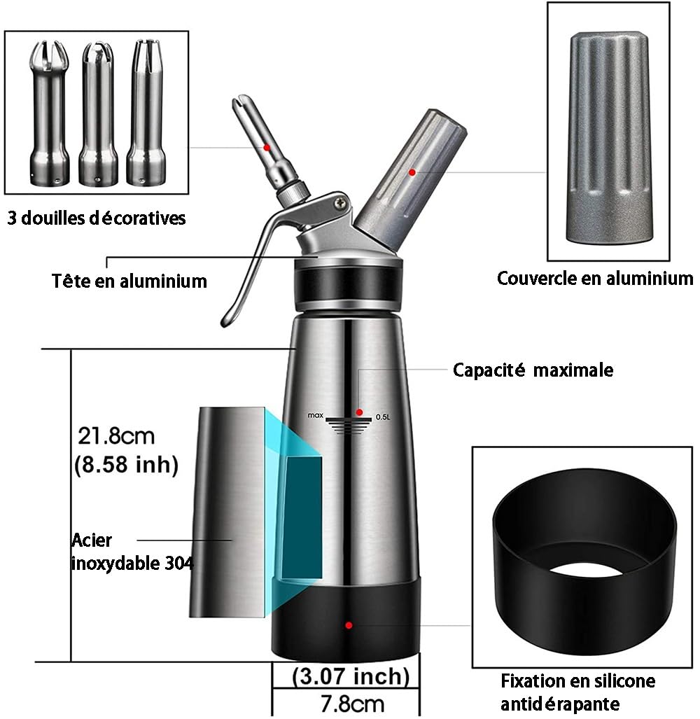 WYWY Siphon Chantilly,Pailles à crème en Acier Inoxydable 304 de 500 ML avec 3 Embouts de tuyauterie et 1 Pinceau, Dessert pour gâteau au café