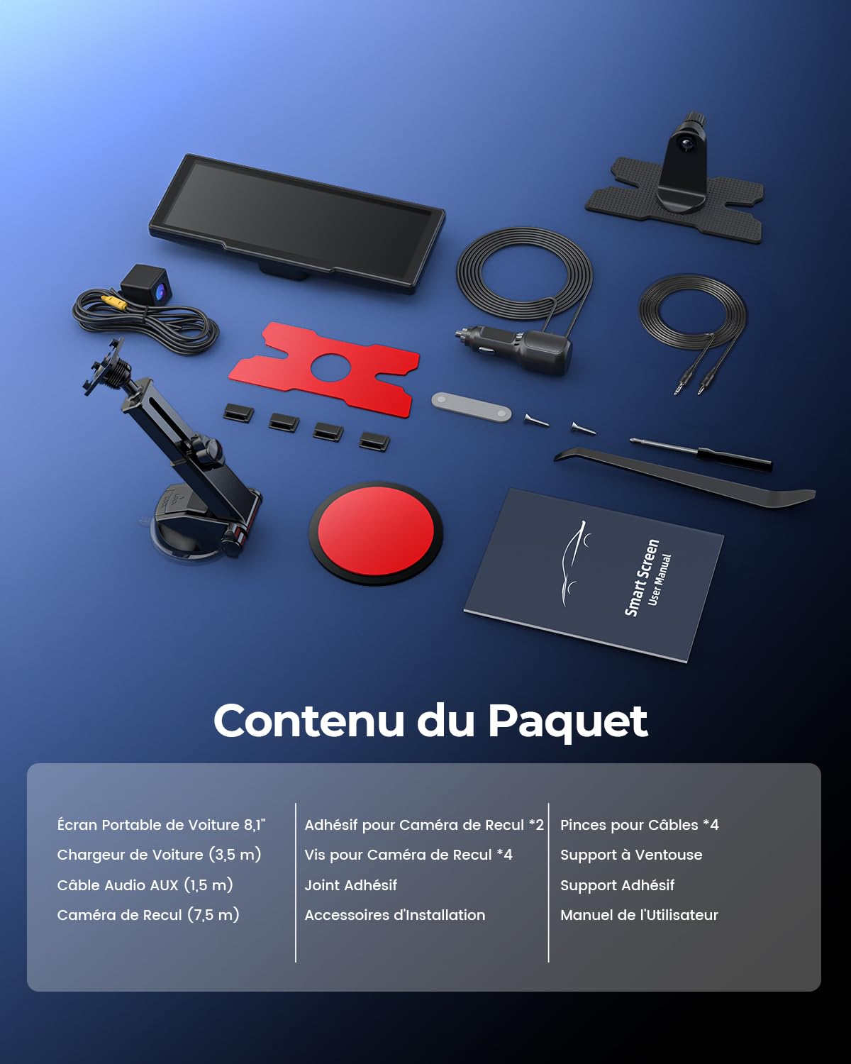 Écran CarPlay Portable sans Fil 8,1" 60 fps pour Apple CarPlay & Android Auto, mises à Jour OTA, caméra de recul, Mirror Link, Bluetooth, Commande vocale, Navigation GPS