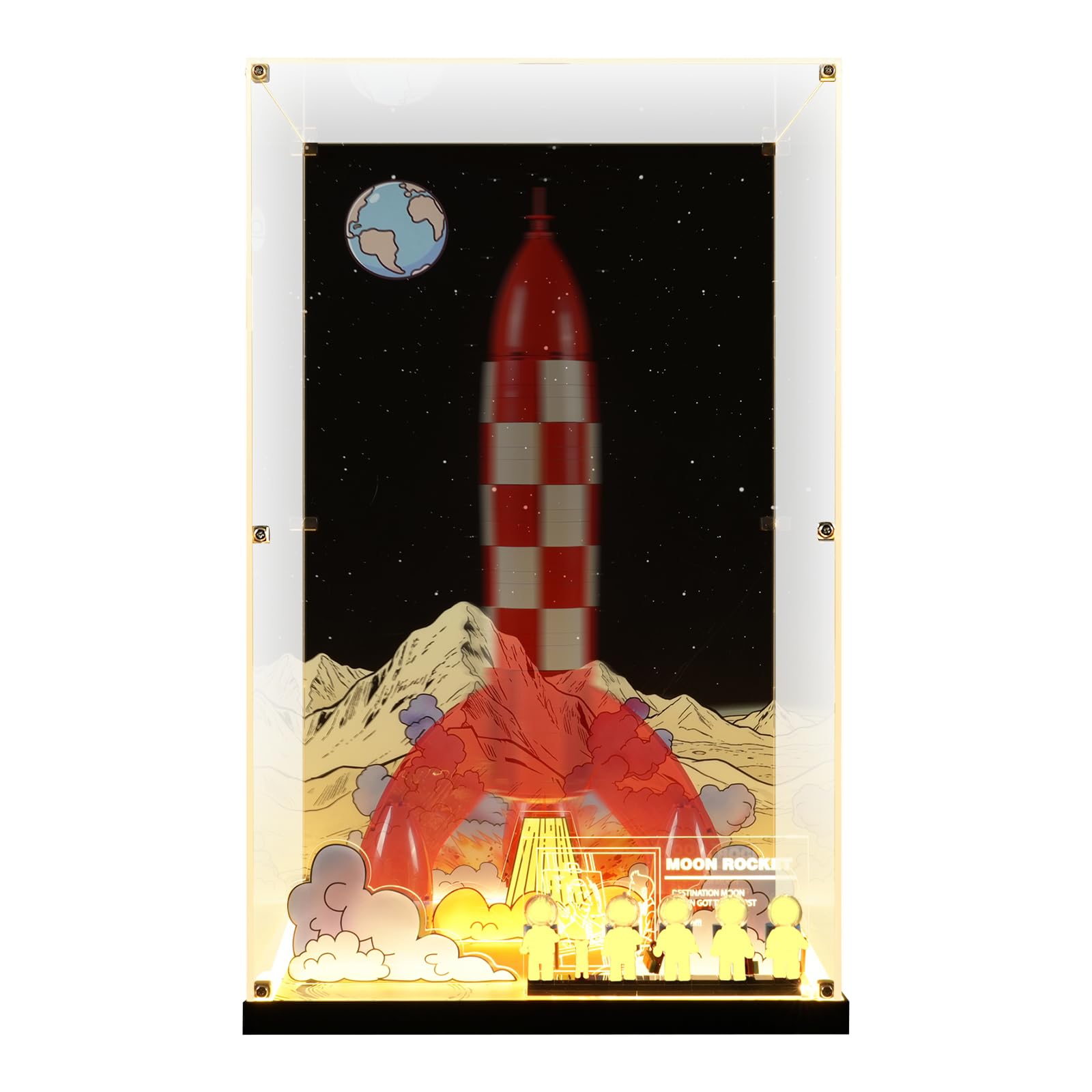 Acrylic Display Case Compatible with Lego Ideas Tintin Moon Rocket 21367, USB-Powered LED Lights Dustproof Transparent HD Backdrop Display Box (No Model Included)