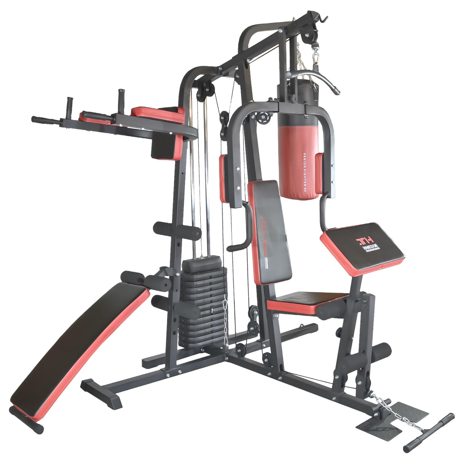 TrainHard® Kraftstation Multistation Fitnessstation Home Gym 65 kg Gewichten inkl. Dipstation Beinhebe, erweiterbar mit Sit Up Bank, Stepper, Push Up Bar, Boxsack mit Halterung, Speedball Plattform.