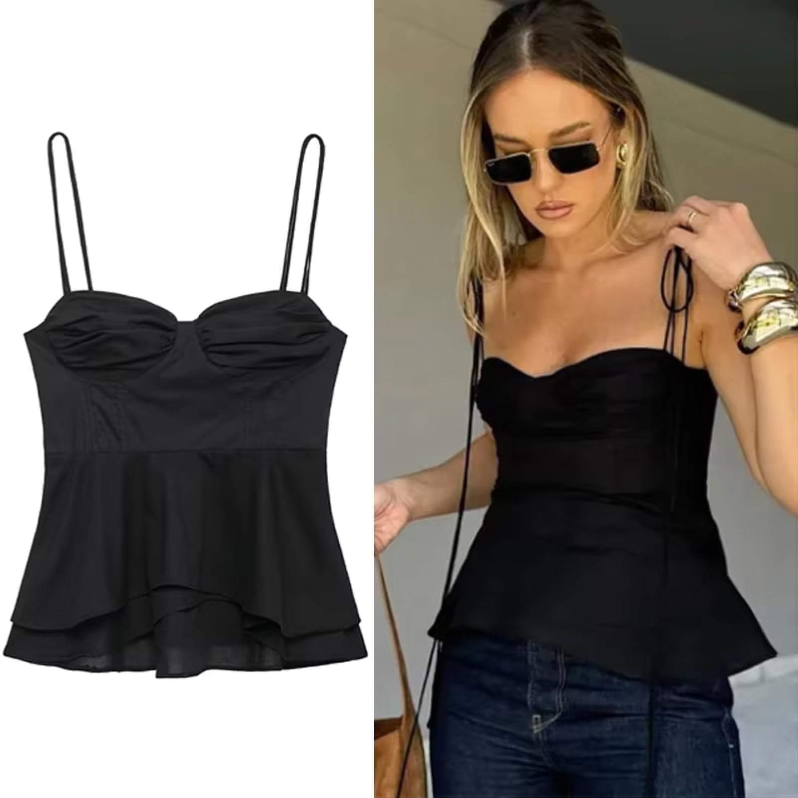 Chaleco de Mujer Deslizamiento Corset Top Mujeres Verano Negro Capas Cultivo Camisola con Correas Bustier Ruffled Encaje-up Sin Mangas-Black-m