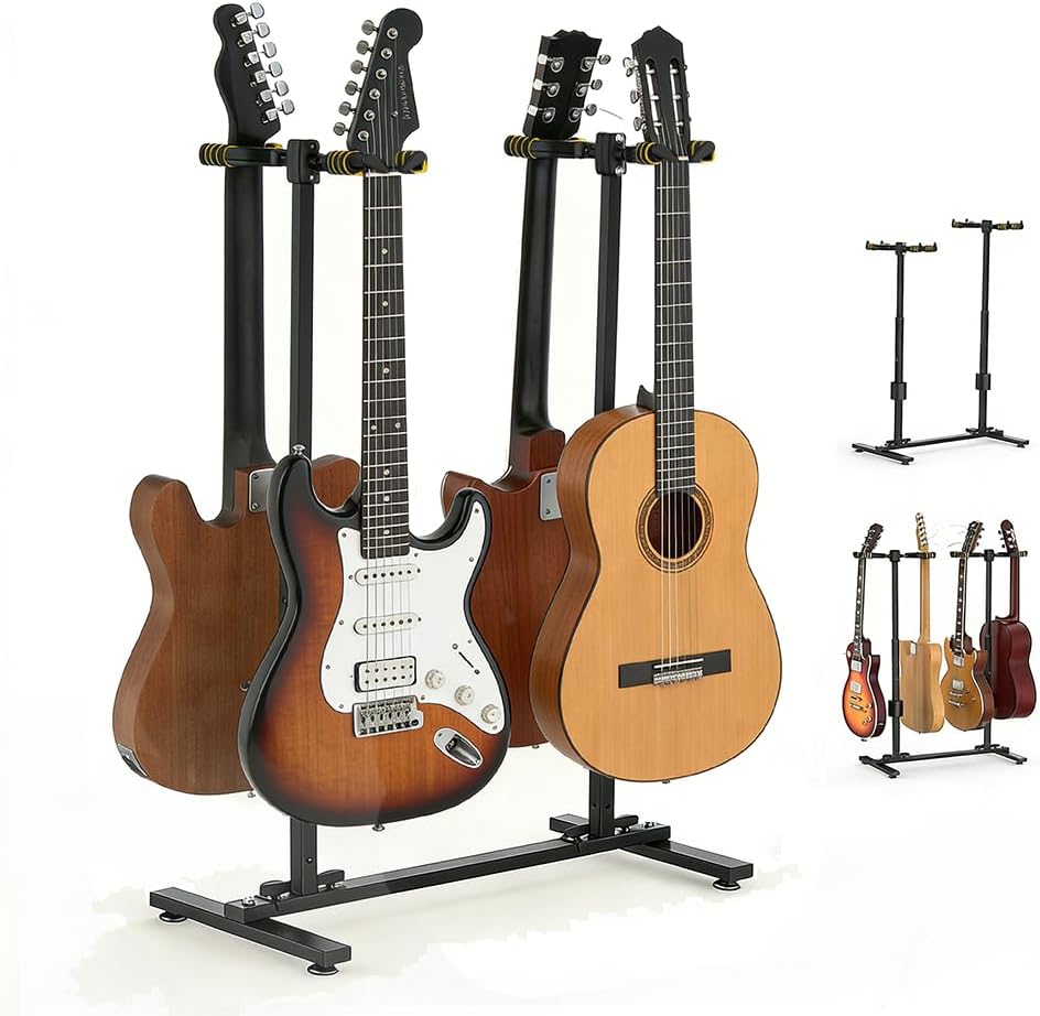 Fulgutonit Guitar Stand for 4 Guitars, Heavy Duty Multi Guitar Holder Stand with Adjustable Height & 90° Gravity-Lock U-Hook, 4 Guitar Rack Floor for Electric, Acoustic, Classical Guitars & Bass