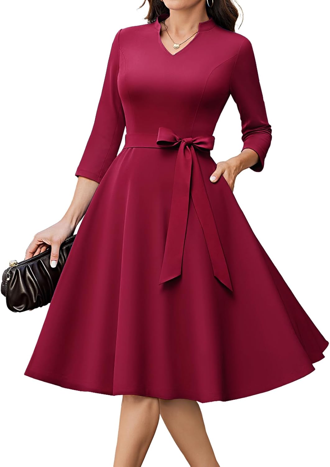 HomRain Elegant Long Sleeve Church Dress for Women V-Neck A-Line Swing Cocktail Causal Dress with Pockets