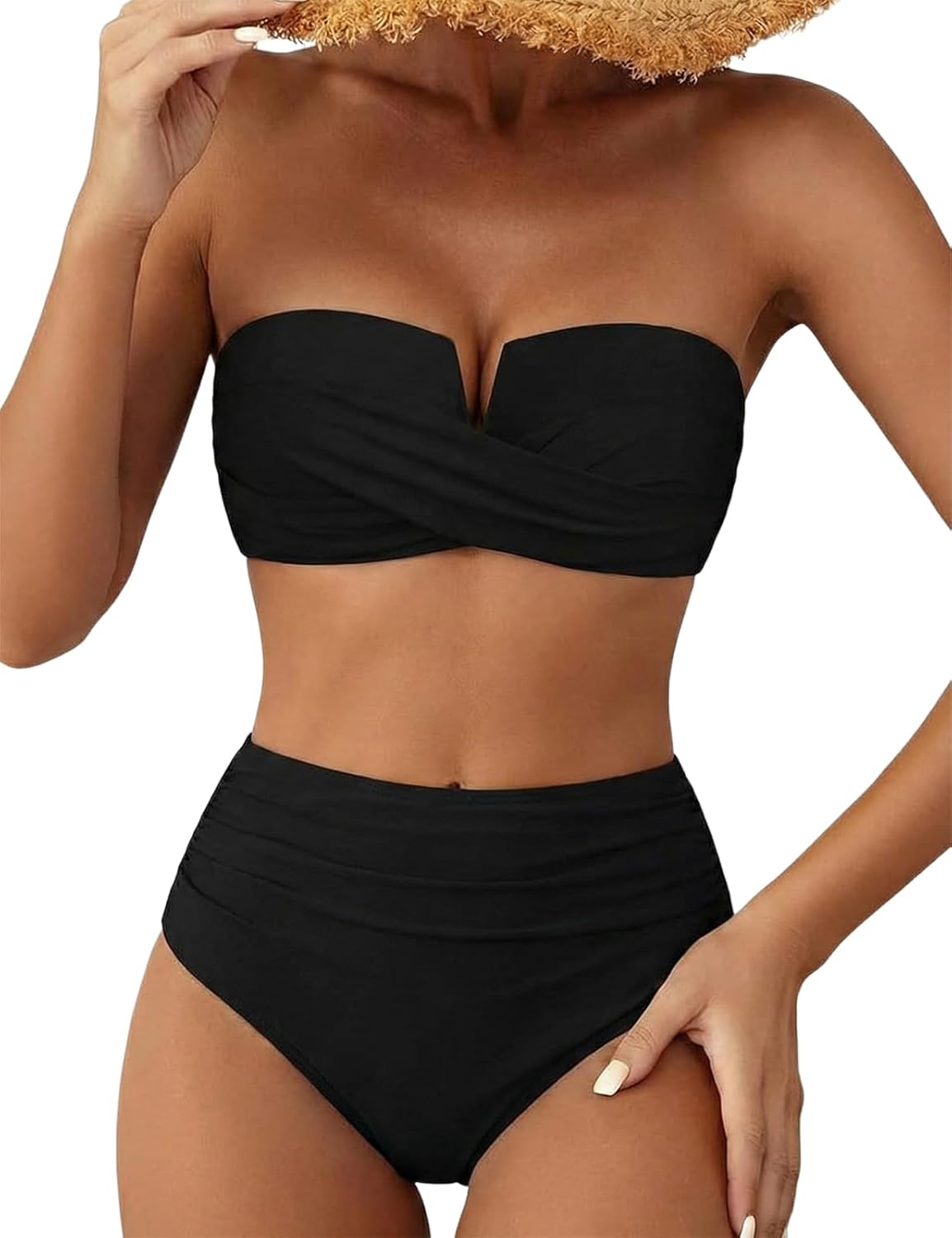Hilor Bandeau Two Piece Bathing Suits for Women with Strap Retro High Waisted Swimsuits Sexy Push Up Bikini Swimwear
