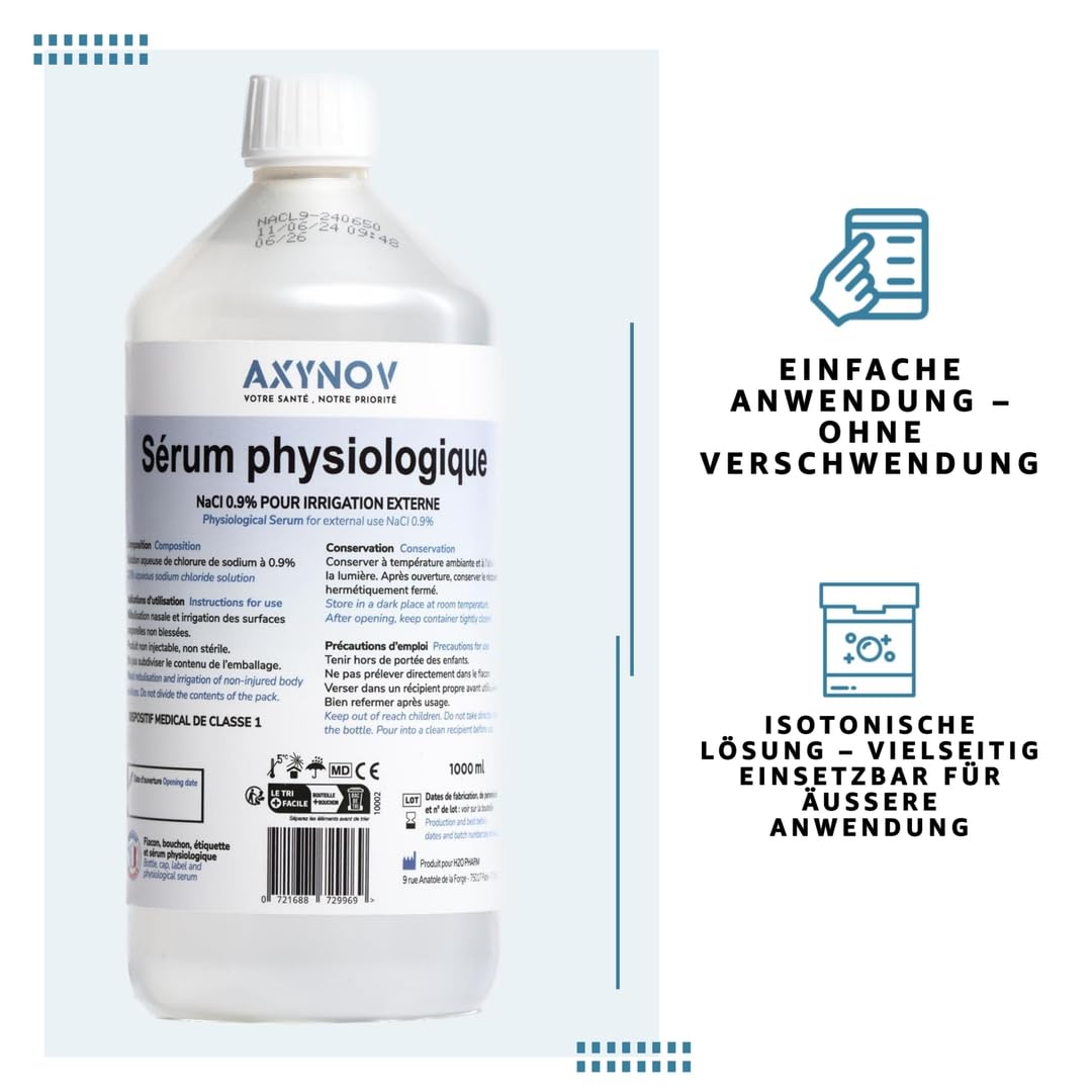 NaCl 0,9% 1L Suero fisiológico – Solución salina fisiológica isotónica, para lavado nasal bebé y adulto, limpieza de nariz y heridas para irrigador nasal -Suero fisiológico 1L en botella AXYNOV