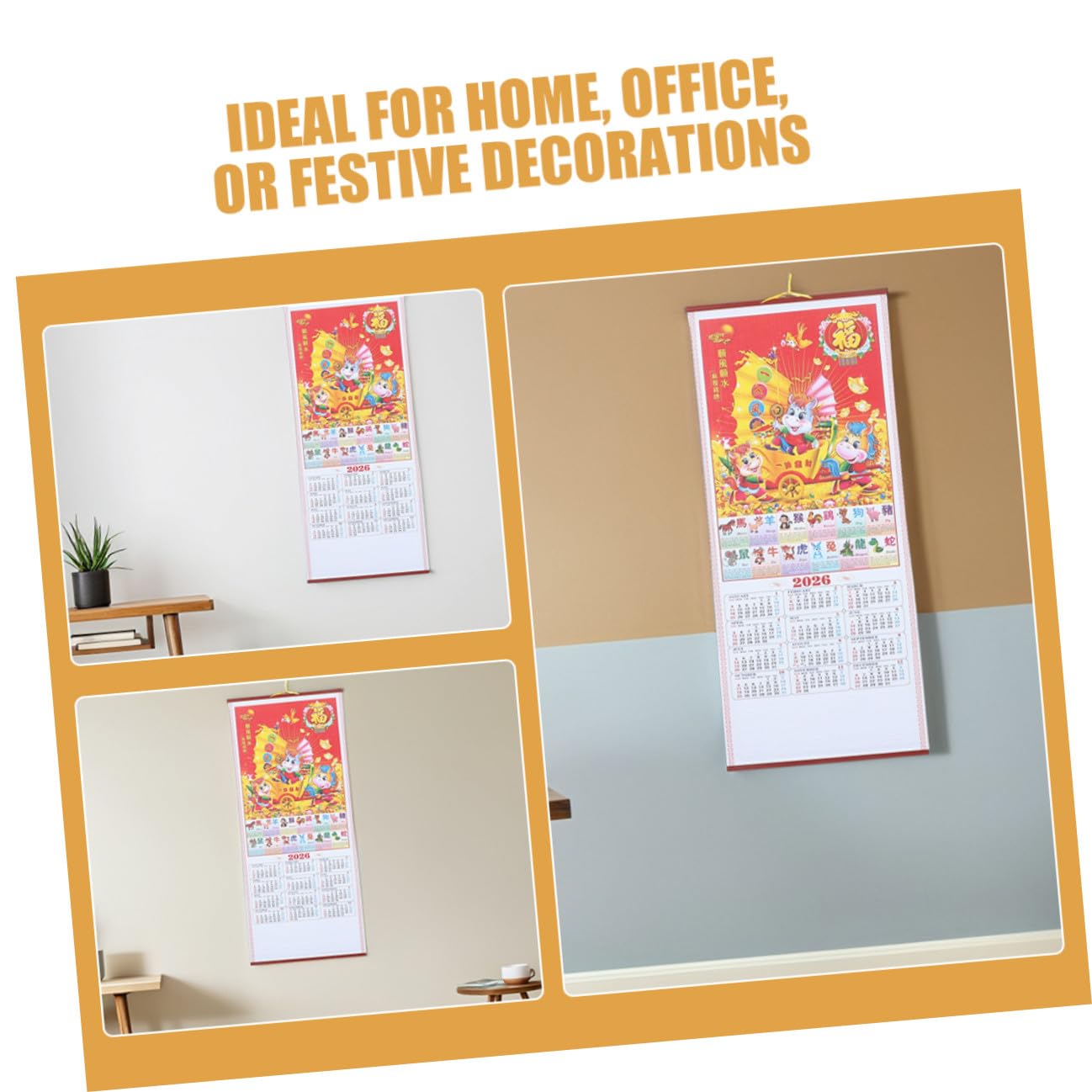 6 Pezzi Calendario da Parete in Finto Rattan 2026 Anno del Cavallo, Planner Lunare Sospeso Decorativo per Casa e Ufficio, Set 2 Pezzi Rotolo Tradizionale Cinese
