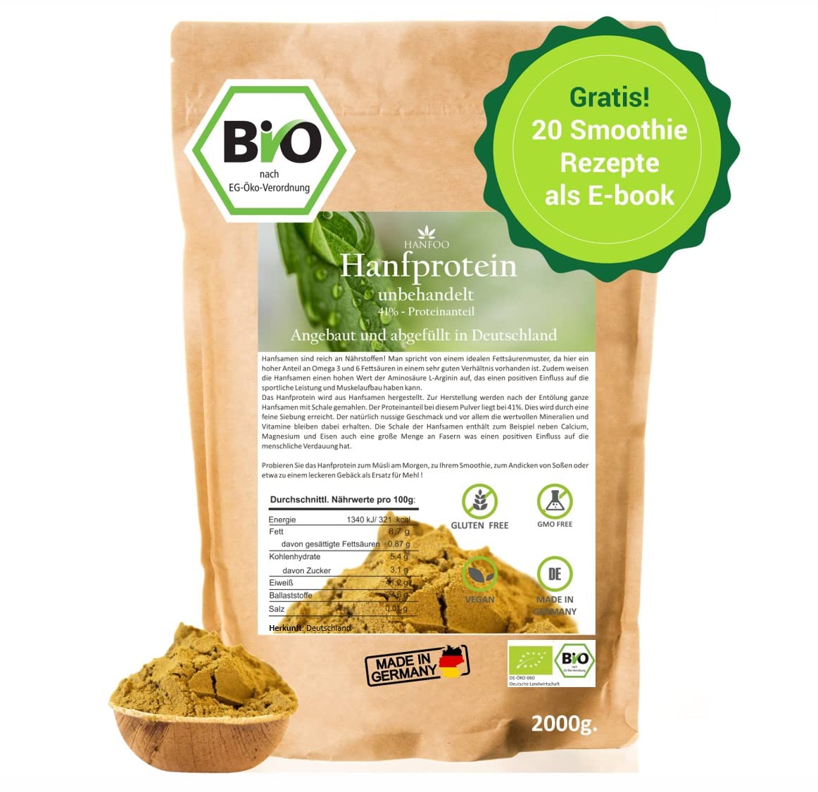 BIO Hanfprotein 2kg aus Deutschland, Veganes Hanfsamen-Protein vom deutschen Biofeld + Digitales Rezeptbuch (PDF)