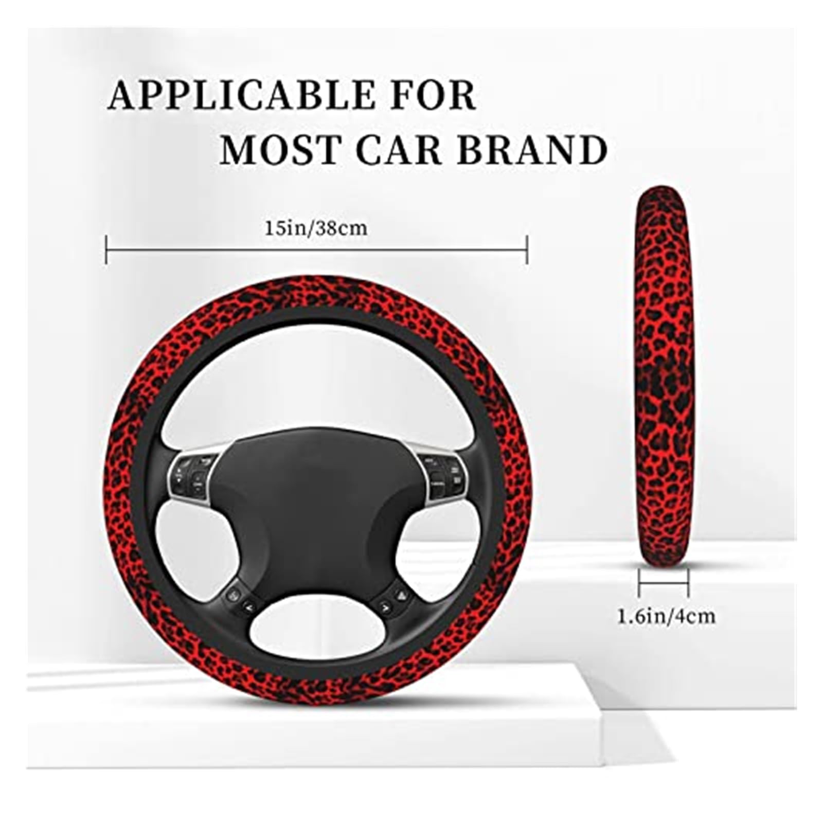 Funda Universal para Volante de Coche, elástica, Antideslizante, con Estampado Leopardo Rojo, 15 Pulgadas Funda para Volante