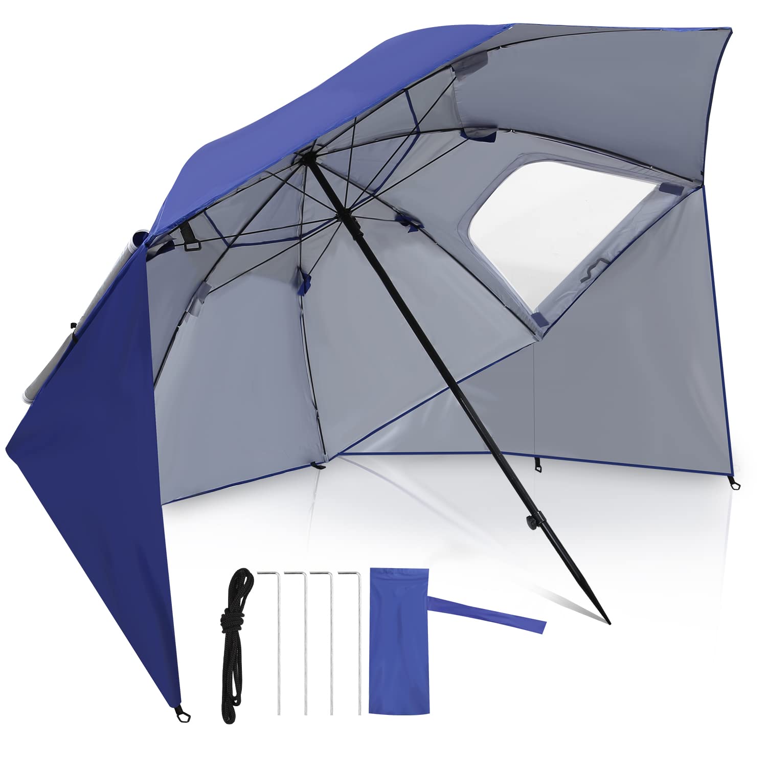 Daromigo Sombrilla 2 en 1 de aluminio, protección solar, protección UV 50, 210 x 220 cm, refugio de playa para playa, jardín, plegable, multifuncional, con ventana y bolsa de transporte