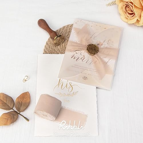 Miniatura 30 de Ribbli Cinta de gasa blanca de 1-1/2 pulgadas x 20 yardas hecha a mano con flecos, cinta blanca para invitaciones de boda, envoltura de ramos