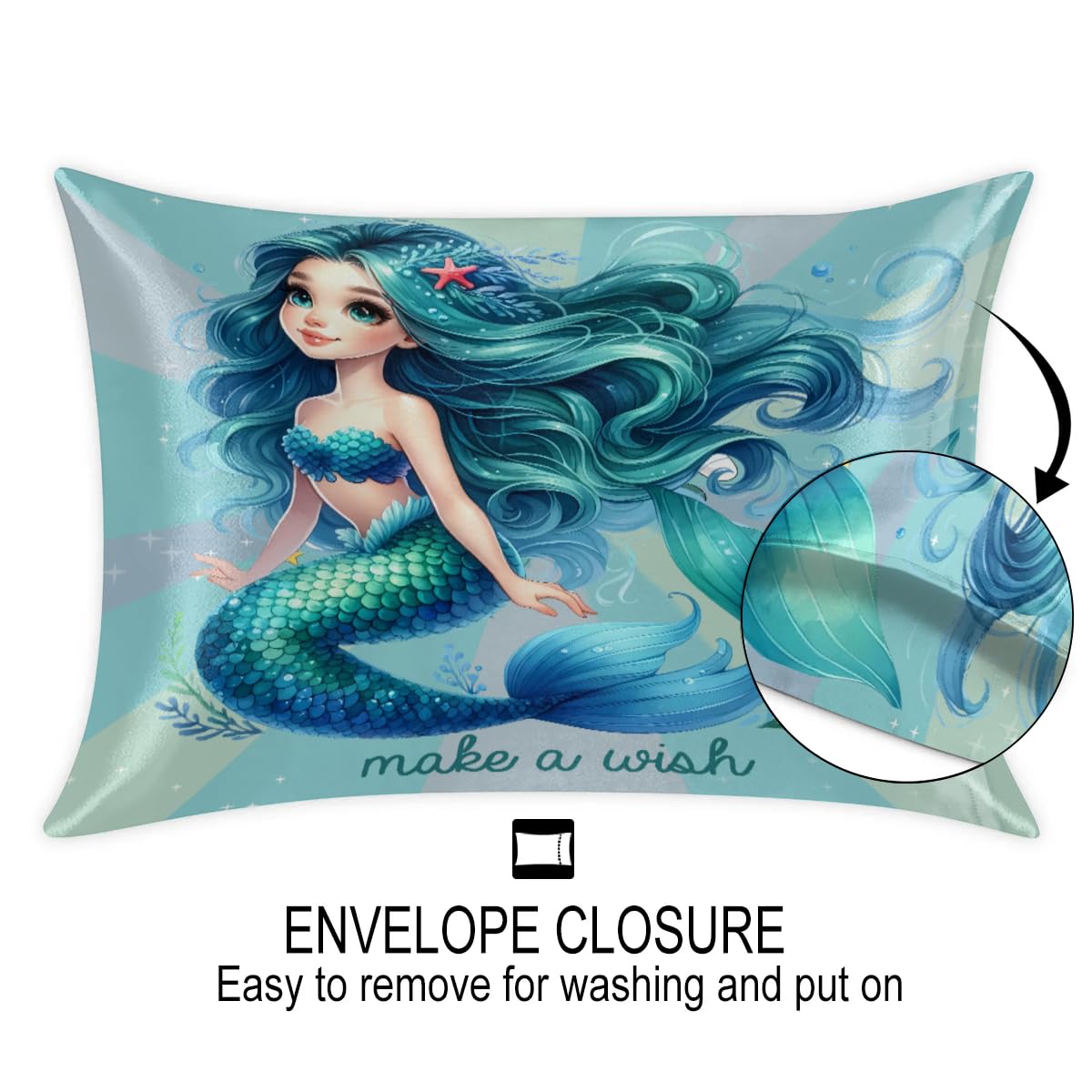 Turquoise Mermaid Cute Girl Satin Pillowcase for Hair and Skin Standard Size Silp Silk Pillowcase Soft Satin Cooling Pillow Covers with Envelope Closure for Bed Sofa Decorative (20 × 26in 1 pcs)