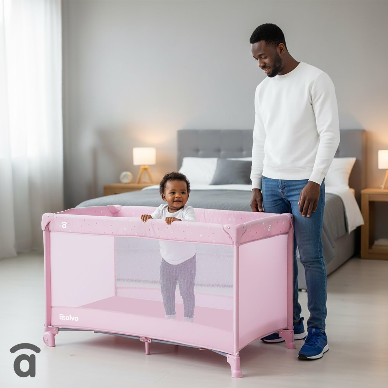 Asalvo Berceau de voyage pliable pour bébé de 0 à 3 ans (15 kg) | Lit portable avec matelas, sac et roues avec frein | parc pour enfants compact facile à transporter | Baléares (rose)