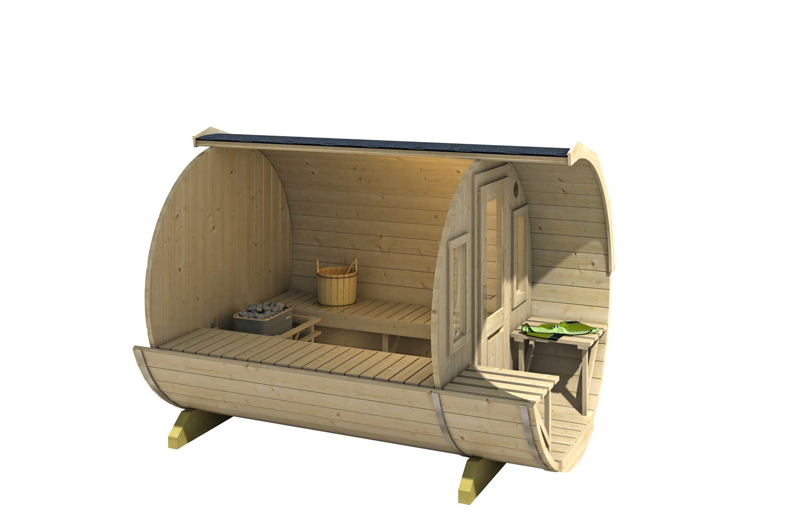 Fass-Sauna Sam, Aussensauna Fichte unbehandelt, Natur, ohne Ofen 2,80 x 2,19 m