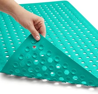 Gorilla GripPatented Bath Tub Shower Mat, Machine Washable Bathtub Floor Liner Mats, Suction Cups and Drain Holes to Keep Tubs Clean, Soft on Feet, Bathroom Essentials, 35x16 Inch, Turquoise Opaque