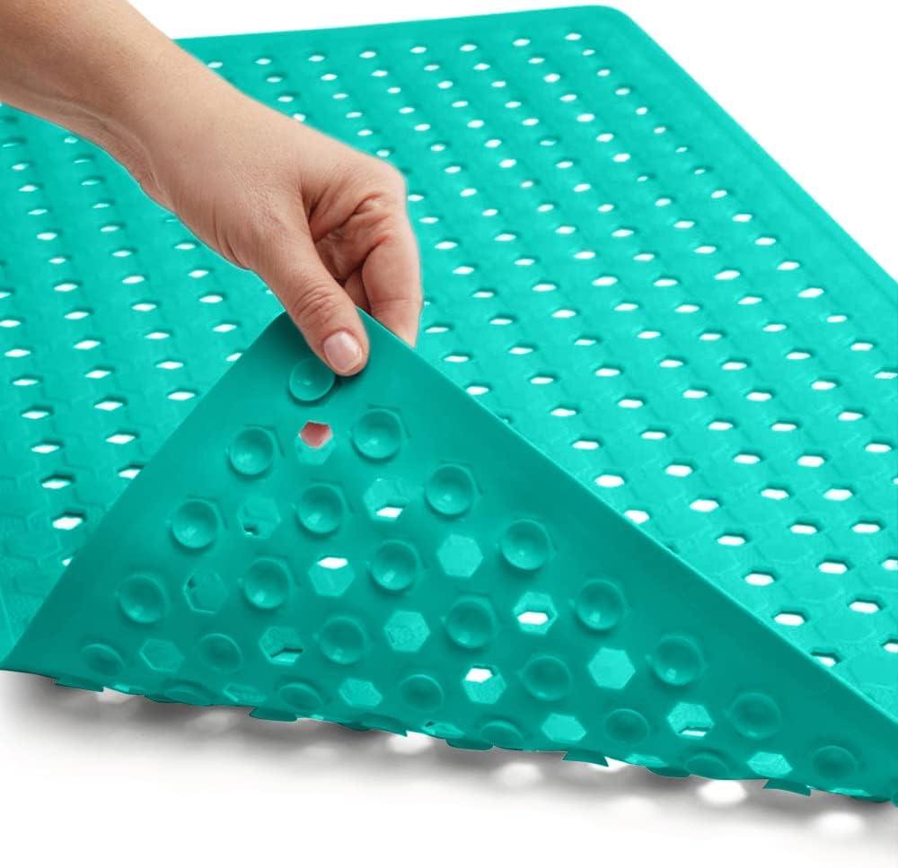 Gorilla Grip Bath, Shower And Tub Mat With Drain Holes & Suction Cups (Opaque Turquoise, Plastic, 35 x 16 Inches)