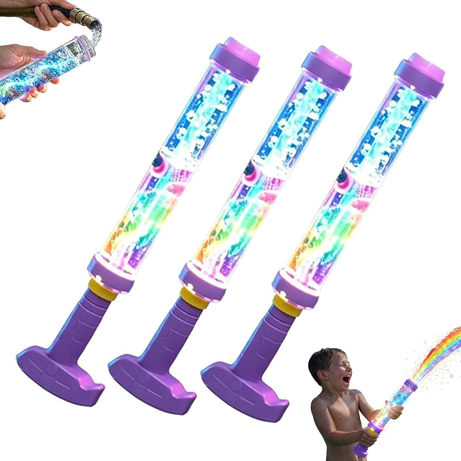 Pistole Ad Acqua LED Arcobaleno Luminose, Pistole Ad Acqua Per Bambini, Effetto Fuoco d'Arte Magico, Giocattolo Spruzza-Acqua Effetto Fuochi D'Artificio, Estivo Che Incanta Come Per Magia (3PCS)
