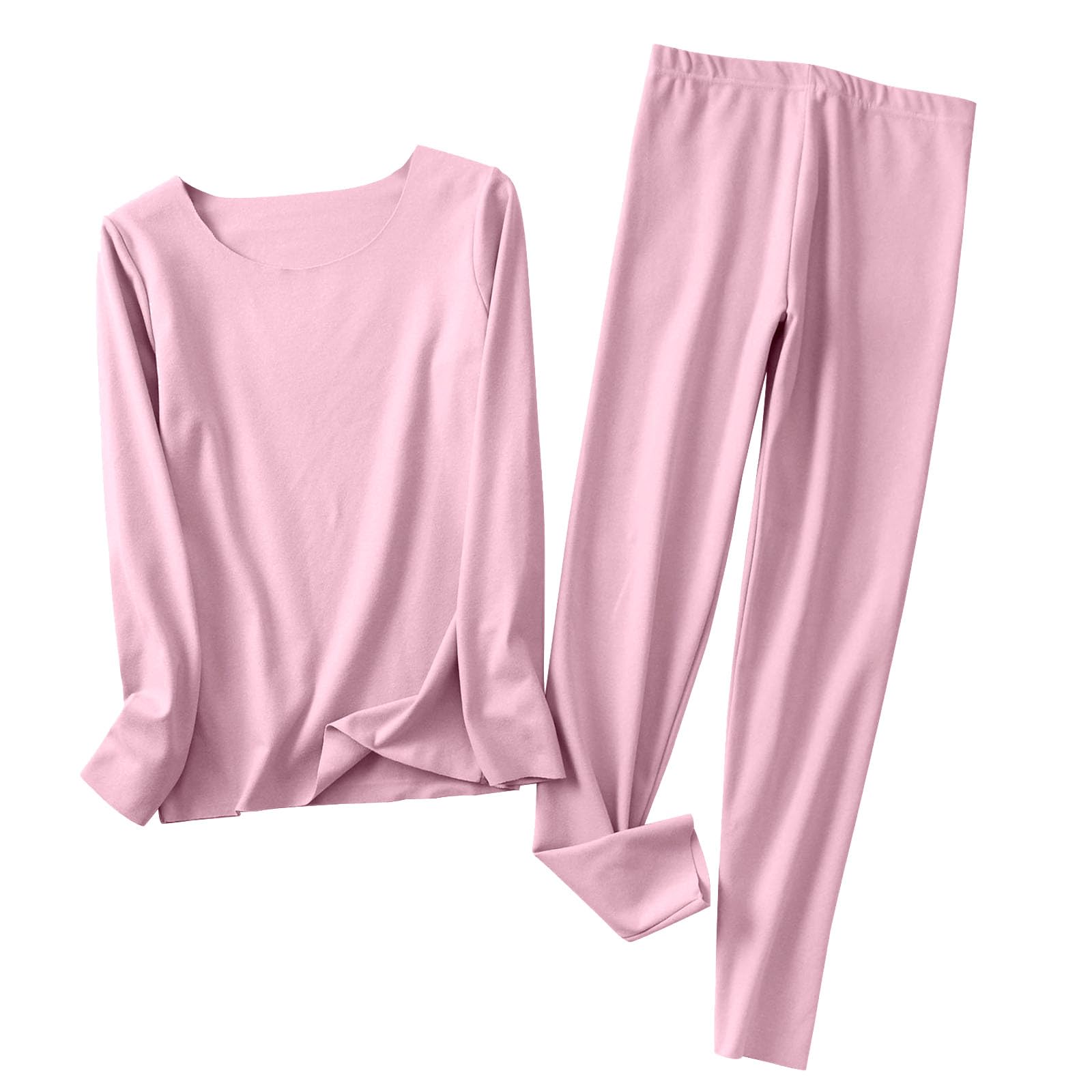 Two Piece Pajama Sets for Women Comfy Thermal Sleepwear Lounge Set Solid Color Comfortable Crewneck Tops and Pants