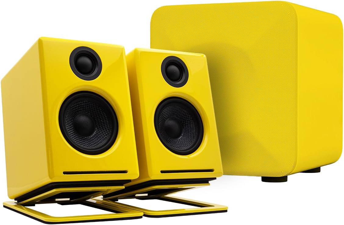Audioengine A2+ Bluetooth Computer Speaker Bundle – Compact Desktop Speakers for PC & Laptop with S6 Subwoofer and DS1M Speaker Stands in Yellow