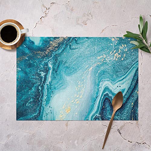 Yibeas Marble And Agate Placemats For Kitchen Dining Table Set Of 4 Beautiful Blue Paint With The Addition Of Gold Powder Luxury Table Mats Linen Washable Heat Resistant Place Mats 12 X 18 Inch #TOP1
