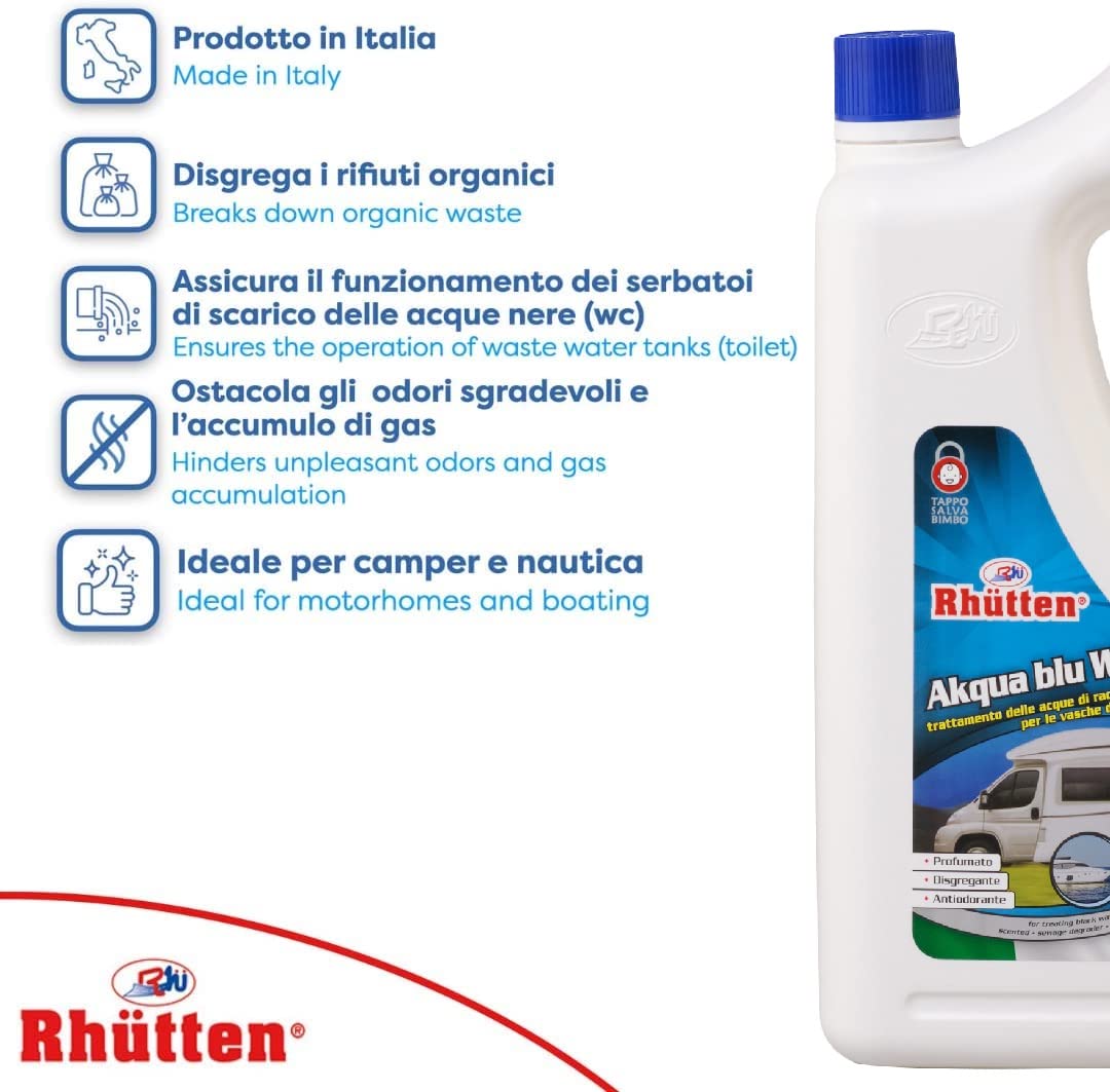 Rhutten, Akqua Blu Wc, Disgregante Wc Camper, Liquido Acque Nere, Acqua Blu, Wc Chimico, 2L