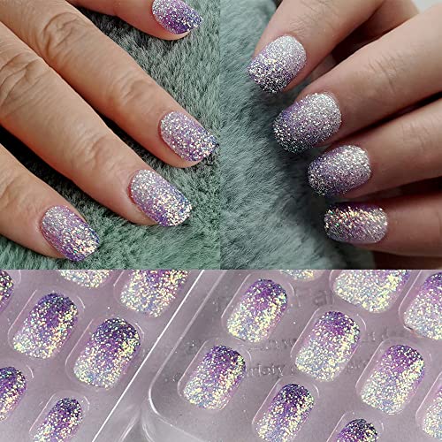 24 Pcs Gradient Purple Kids Press On Nails Pre-Glue Children False Nails Short Oval Full Cover Artificial Fake Nails Holo Glitter Acrylic Nail Tips For Little Girls Gift #TOP5
