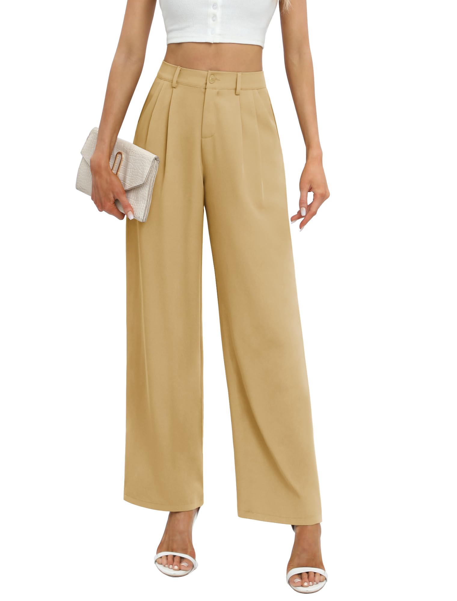 Feiersi Womens Business Work Trousers High Waisted Wide Leg Pants Long Straight Suit Pants with Pocket