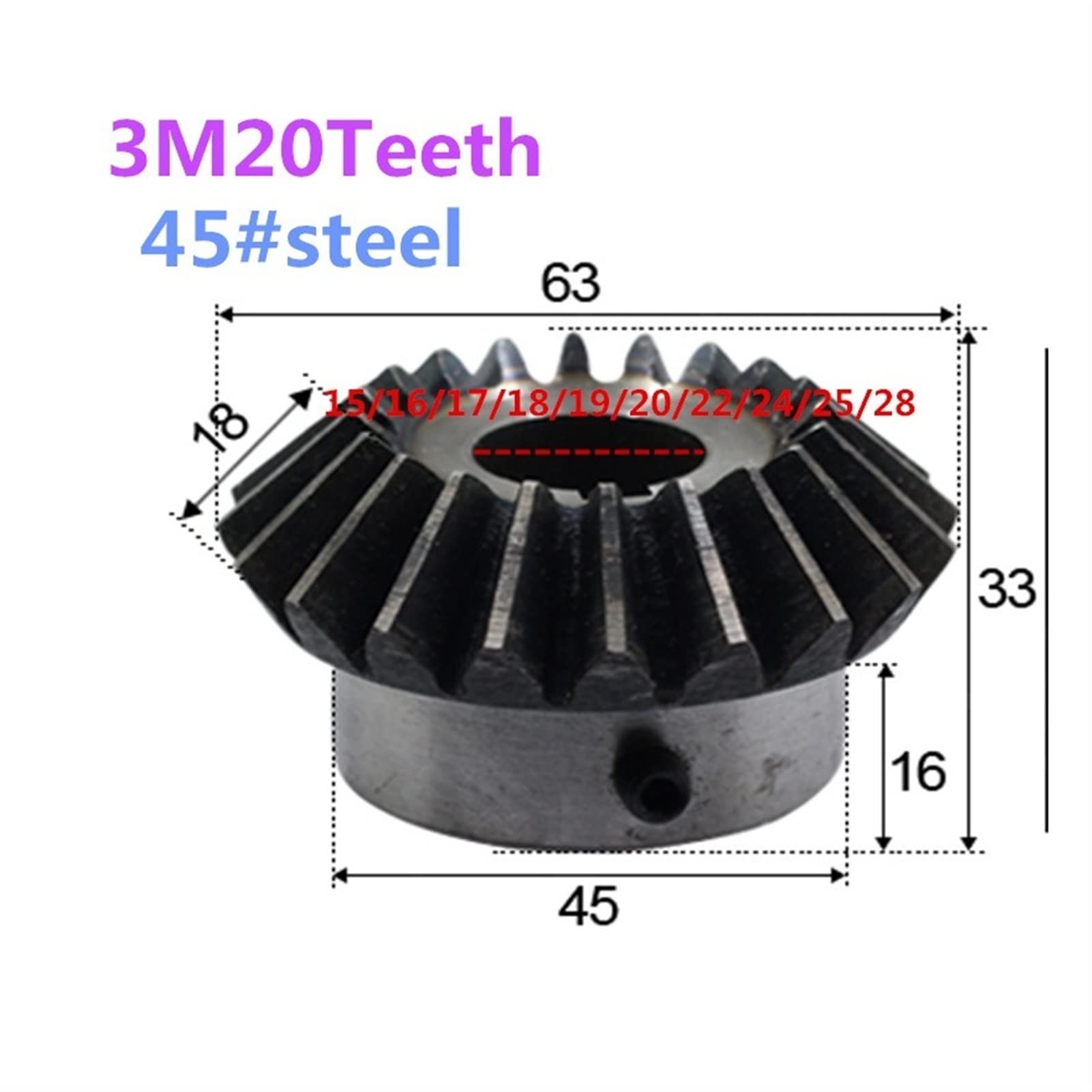 ELLANA Transmission Angle 1pc 3 Module 20 Teeth Bevel Gear 15mm 16mm 17mm 18mm 19mm 20mm 25mm 28mm Inner Hole 20T Gear M5 Screw Driver Shaft (Color : 20 Teeth, Size : 28mm bore)