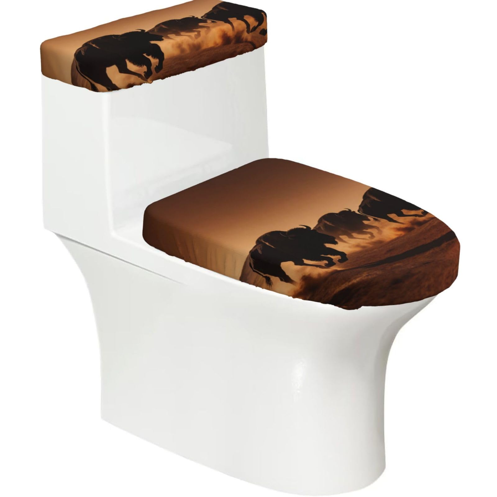 Running Buffalo Herd Elastic Toilet Cover Set of 2-Stretchy Lid and Tank Covers for Bathroom, Soft Washable U Shape Toilet Decor
