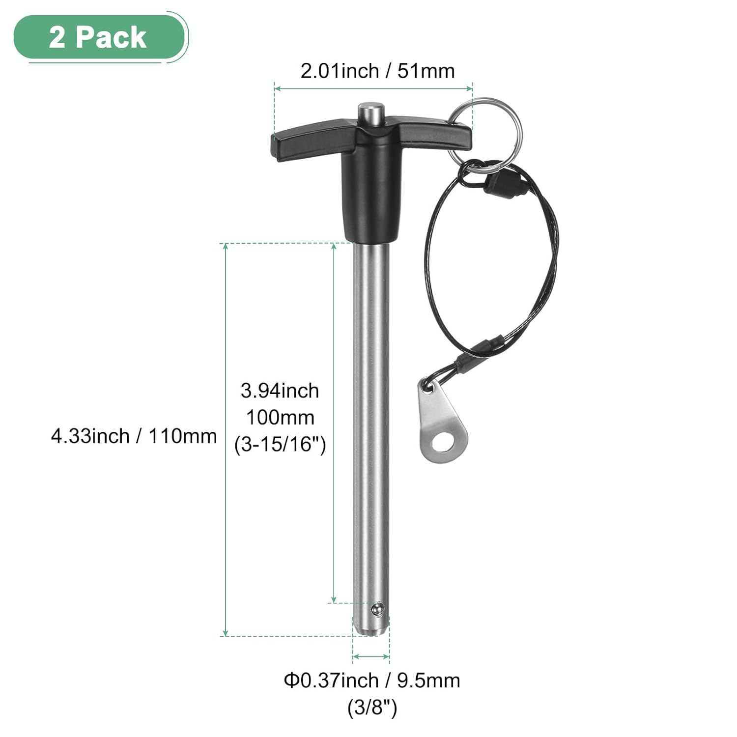 M METERXITY 2-Pack T Handle Lock Pins, 3/8"(9.5mm) Dia. 3-15/16"(100mm) Usage Length Push-Button Quick Release Locking Pins W Lanyard for Speaker/Aviation/Gym/Machine [304 Stainless Steel]