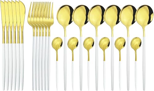 24PcsSet Gold Cutlery Set Knife Fork Tea Spoon Dinnerware Set Stainless Steel Tableware Set Home Western Kitchen Silverware Set (Color  White Gold)