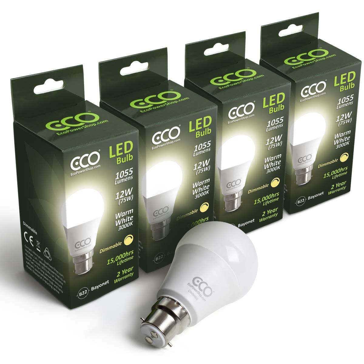 ECO 4 x DIMMABLE 2 Pin B22 Bayonet Light Bulb, 12W Dimmable LED Energy Saving Light Bulbs, 75W Equivalent, Frosted, Warm White (3000K), 15000Hrs (Warm White 3000K, 4 x LED Bulb Multi Pack)