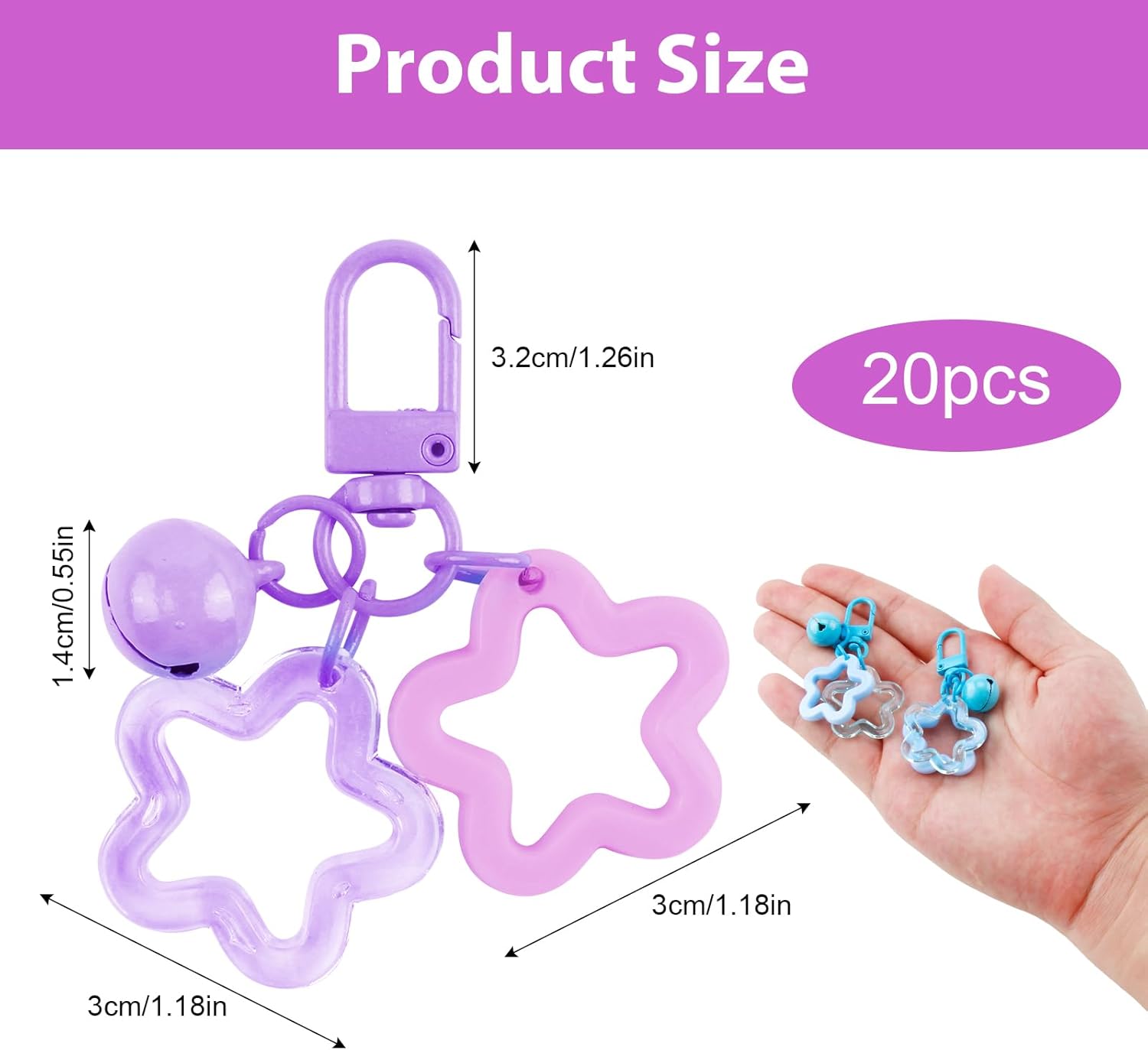 20 Pcs Star Keychain, Candy Color Star Keyring, Cute Acrylic Bell Pendant Key Chain Purse Bag Charms for Car Keys (Pink Blue Yellow Green Purple) - Image 3