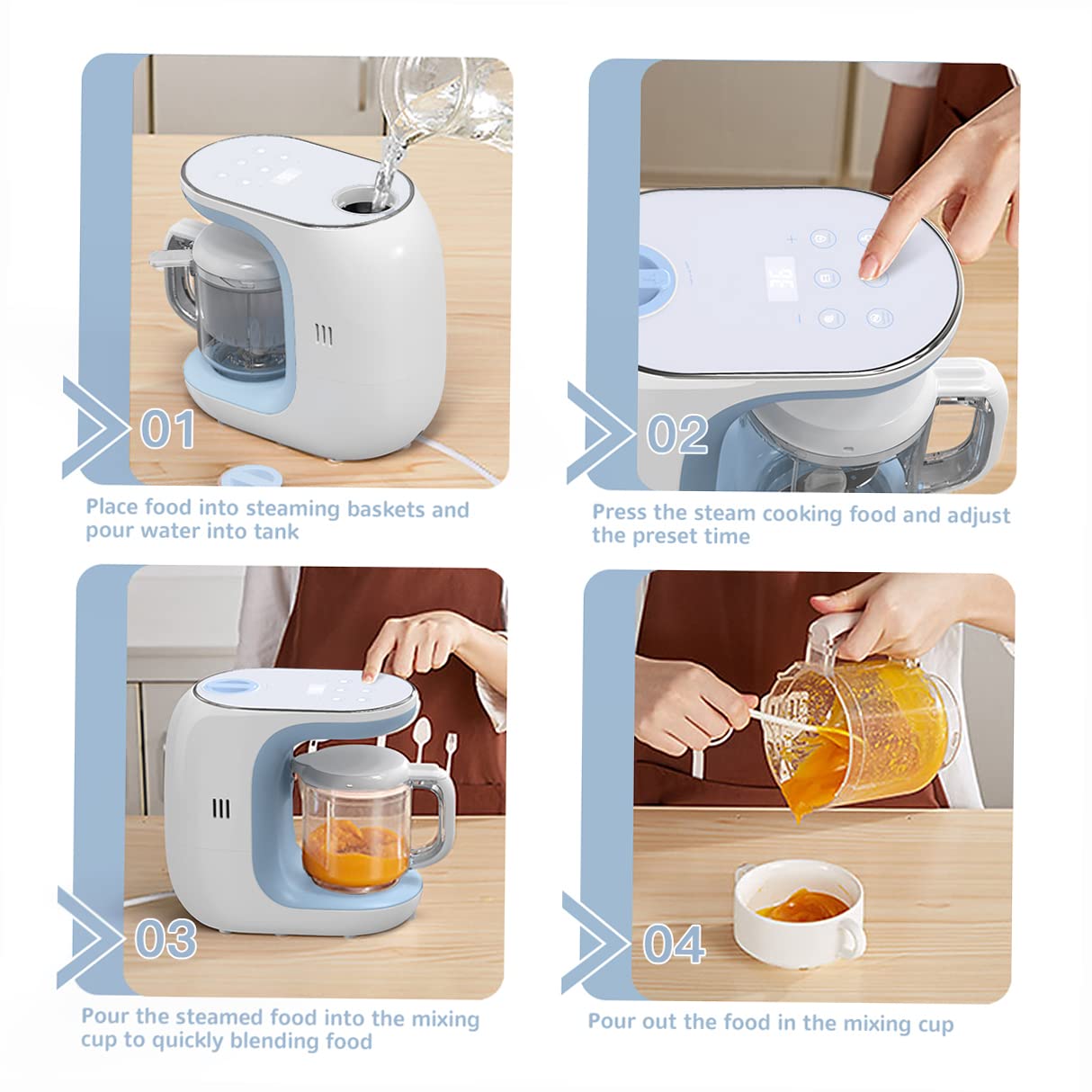 Robots de Cocina al Vapor Procesador de Alimentos para Bebés Multifunción, Cuece al Vapor, Mezcla, Descongela y Calienta, LCD Panel de Control Táctil, Apagado Automático