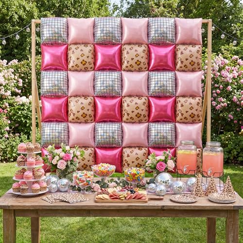 Image of Xqumoi Cheetah Print Square Foil Balloons Wall Backdrop - 36pcs Mixed Color Leopard Print Balloon Kit, Party Decor for Birthday, Bachelorette, Wild Theme Party Photo Booth Backdrop (Pink)