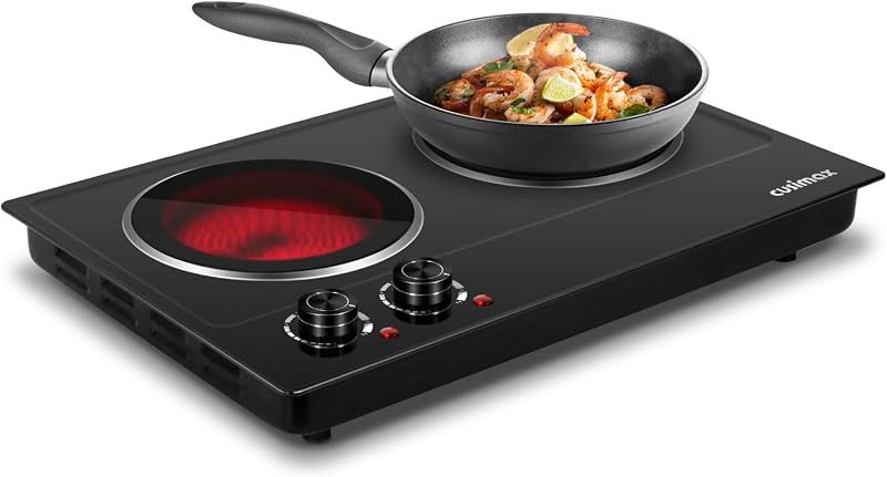 CUSIMAX Double Burner, 1800W Ceramic Electric Hot Plate for Cooking, Black | Countertop Infrared Burner with Dual Temperature Control, Heat-up in Seconds, Works with All Cookware, Stainless Steel