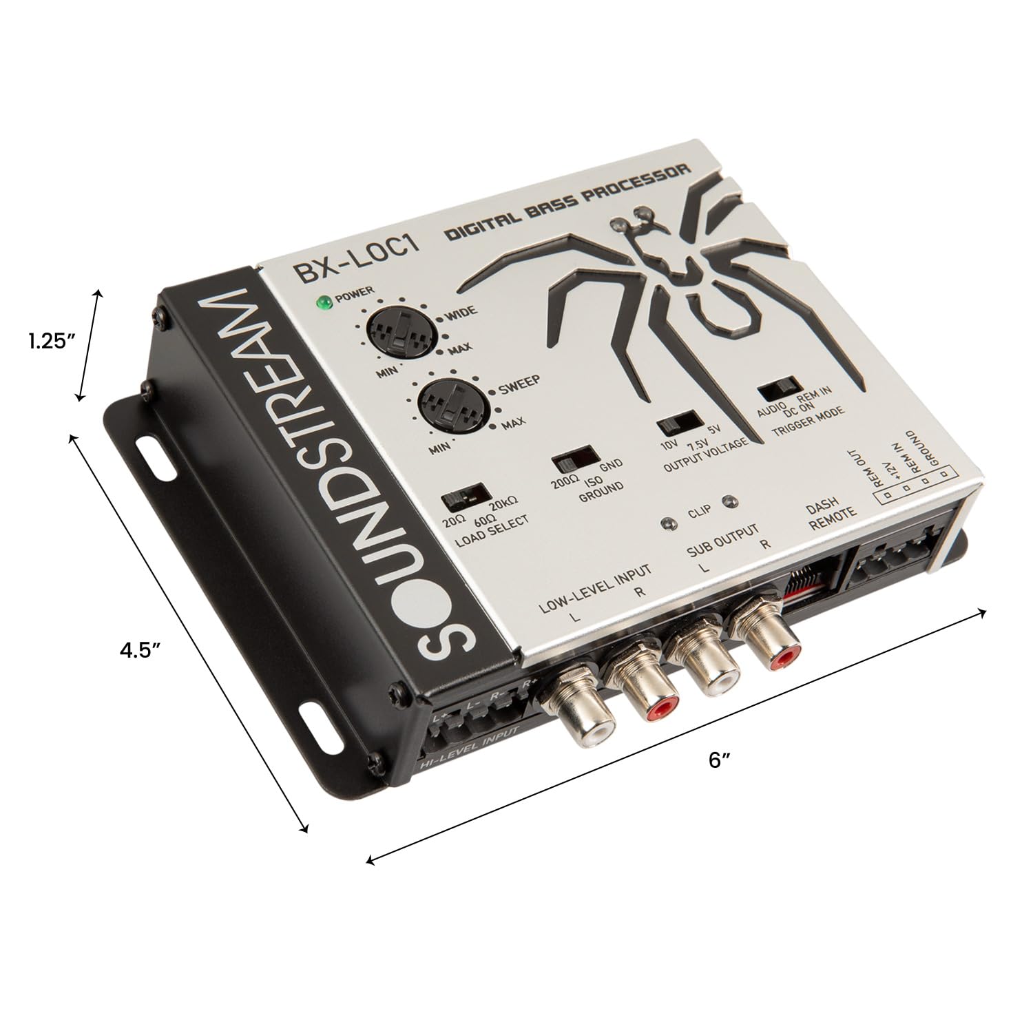 بزاوية view of the Soundstream BX-LOC1 Digital Bass Processor with dimensions indicated.