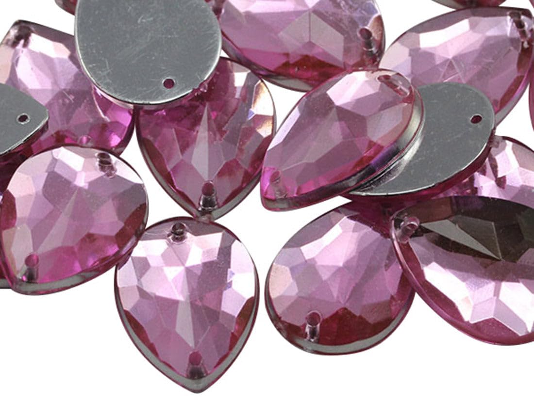 Allstarco 18x13mm Pink Lt. CH13 Teardrop Flat Back Sew On Beads for Crafts Plastic Acrylic Rhinestones with Holes for Sewing, Clothing Embelishments, Costume Cosplays - 50 Pieces