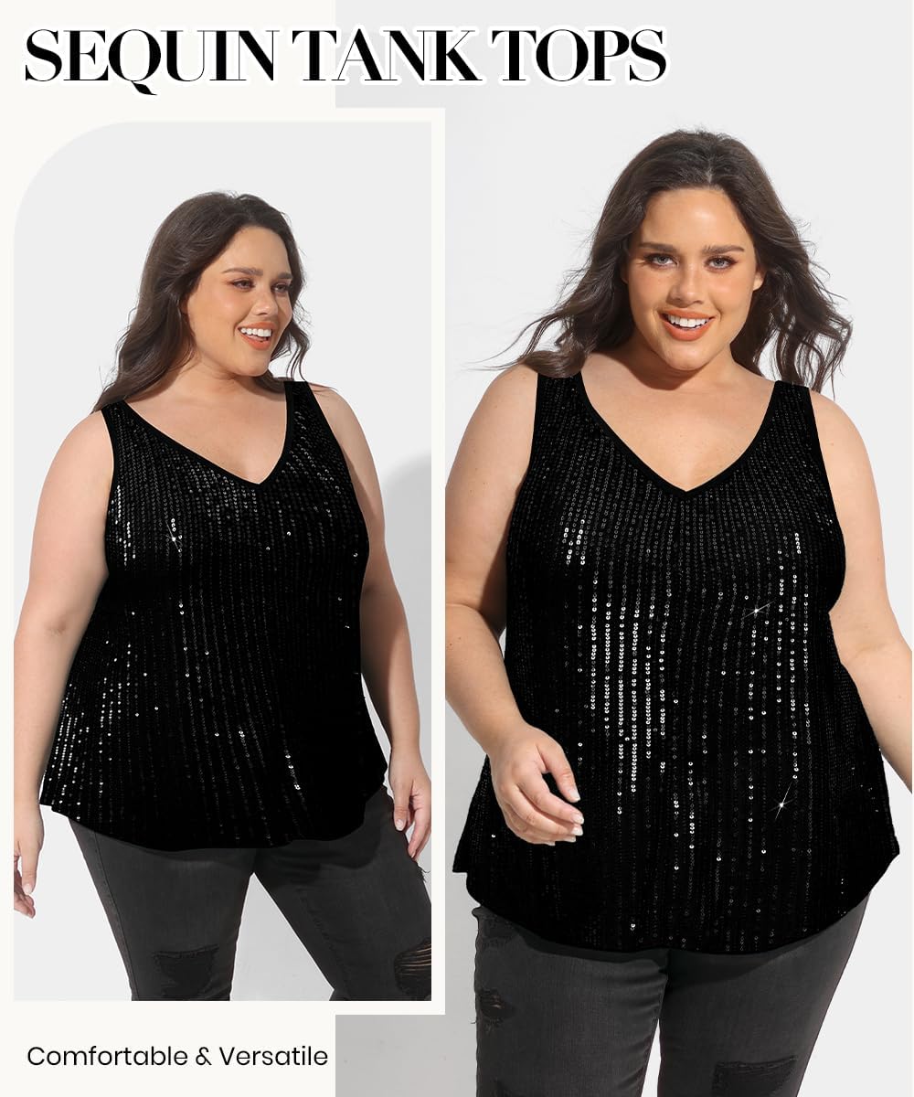 RITERA Plus Size Sequin Tank Tops for Women Sexy V/U Neck Sparkle Top Glitter Sleeveless Outfit Shimmer Camisole XL-5XL - Image 4